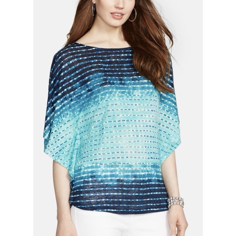 NWT Lauren Ralph Lauren Linen Poncho Blouse 2X Blue Ombre Boho Coastal Tunic